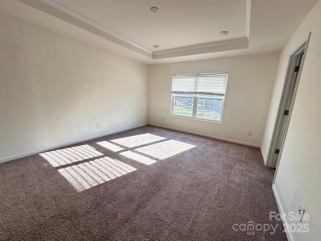 spare room with a raised ceiling, carpet flooring, crown molding, and baseboards