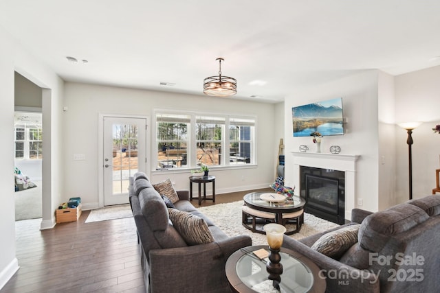 living room with a glass covered fireplace, a healthy amount of sunlight, baseboards, and hardwood / wood-style flooring