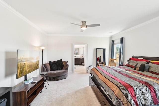 bedroom with ensuite bathroom, light colored carpet, ceiling fan, and crown molding