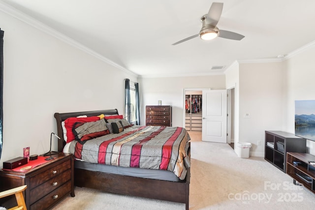 carpeted bedroom featuring a ceiling fan, visible vents, baseboards, a walk in closet, and crown molding