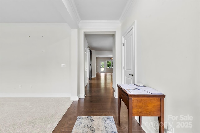 1300 Dali Blvd, Mount Holly, NC 28120 - hallway with crown molding, baseboards, and dark wood-type flooring