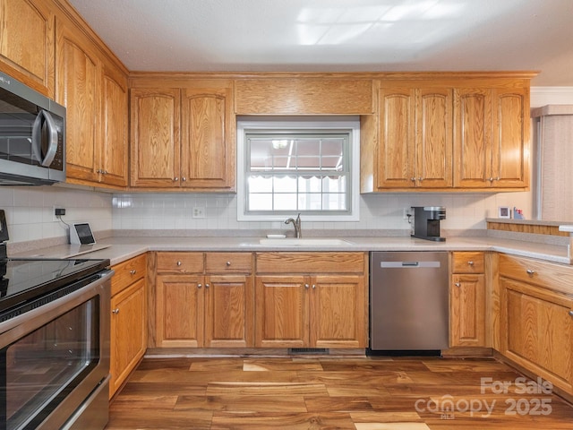 kitchen with decorative backsplash, appliances with stainless steel finishes, wood finished floors, and a sink