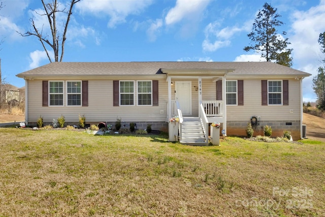 ranch-style home with a porch, crawl space, central AC, and a front lawn