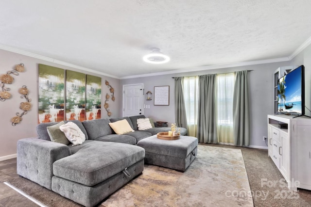 living room featuring a textured ceiling, baseboards, crown molding, and carpet flooring