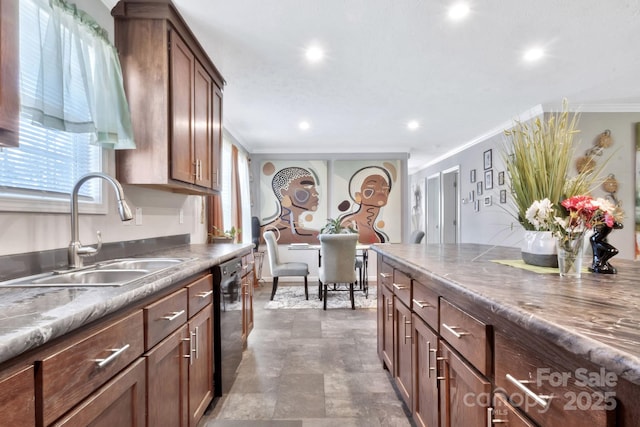 kitchen with crown molding, recessed lighting, black dishwasher, and a sink