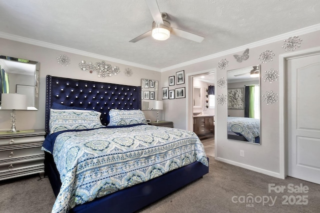 bedroom with carpet, a textured ceiling, baseboards, and crown molding