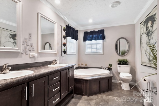 bathroom featuring a bath, a sink, toilet, and crown molding