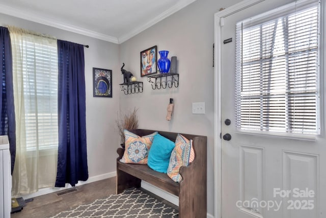 interior space featuring a wealth of natural light, visible vents, crown molding, and baseboards