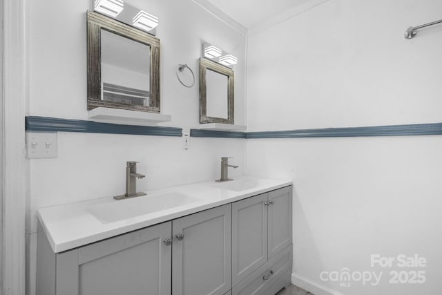 bathroom with a sink, double vanity, and crown molding