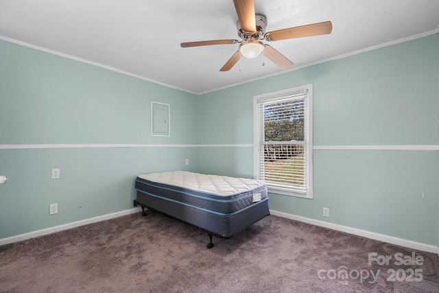 bedroom featuring baseboards, carpet, and ornamental molding