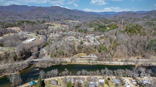 birds eye view of property with a water and mountain view