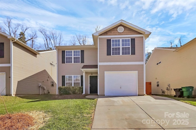 traditional-style home with a garage, concrete driveway, and a front lawn