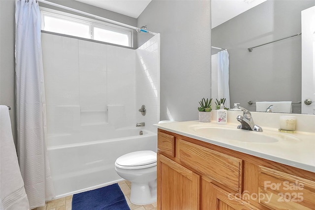 full bath featuring shower / bath combination with curtain, vanity, toilet, and tile patterned floors