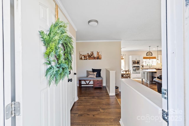 corridor with dark wood-style floors, ornamental molding, and an upstairs landing