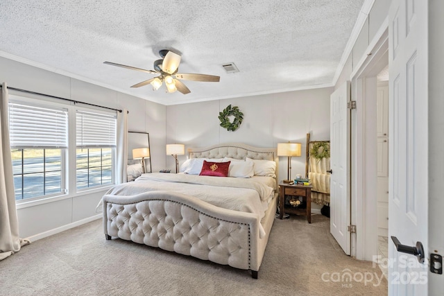 bedroom featuring light carpet, ornamental molding, and visible vents