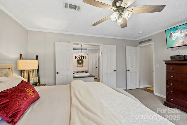 carpeted bedroom with baseboards, ceiling fan with notable chandelier, visible vents, and crown molding