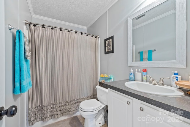 full bath featuring toilet, a shower with curtain, ornamental molding, a textured ceiling, and vanity