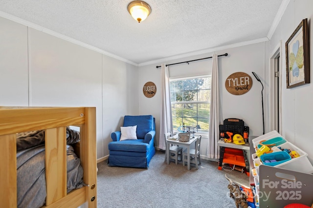 interior space with carpet floors, crown molding, and a textured ceiling