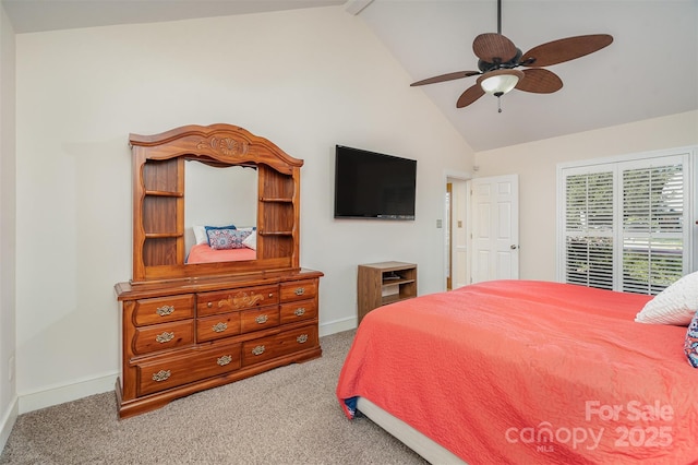 bedroom with a ceiling fan, carpet, baseboards, and high vaulted ceiling