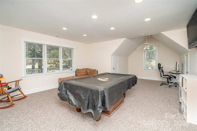 game room featuring billiards, recessed lighting, light colored carpet, and baseboards