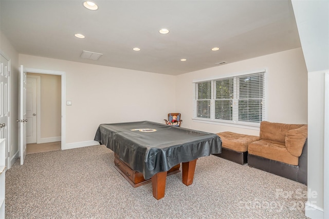 recreation room featuring visible vents, billiards, recessed lighting, carpet floors, and baseboards