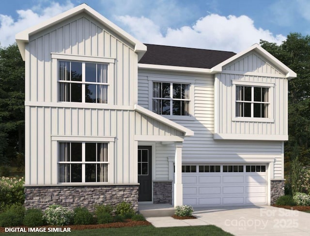 modern inspired farmhouse featuring stone siding, board and batten siding, and an attached garage