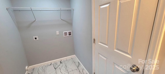 laundry room with hookup for a washing machine, laundry area, baseboards, marble finish floor, and electric dryer hookup