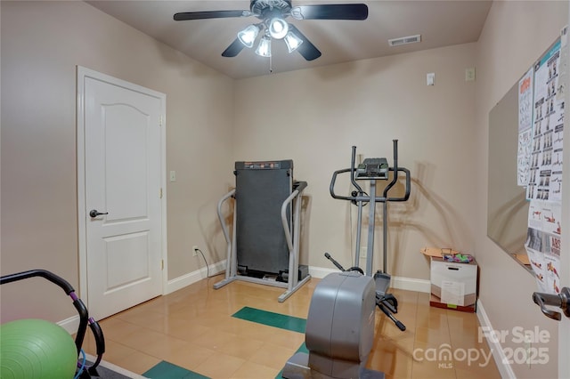 workout room featuring visible vents, baseboards, and a ceiling fan