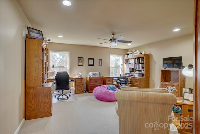 carpeted office with recessed lighting, baseboards, and ceiling fan