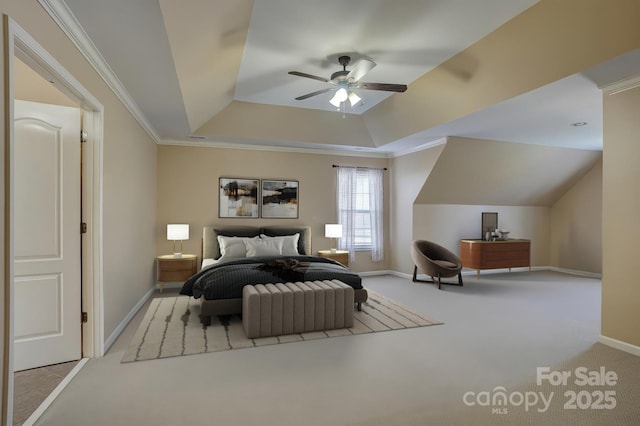 15100 Durmast Ct, Mint Hill, NC 28227 - carpeted bedroom with a tray ceiling, baseboards, ornamental molding, and ceiling fan