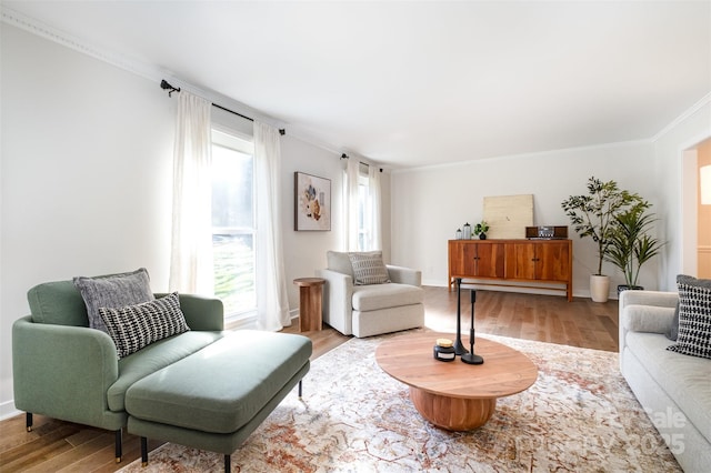 living area with wood finished floors, baseboards, and ornamental molding