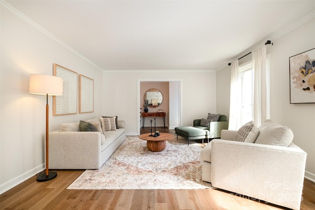 living room featuring baseboards, wood finished floors, and ornamental molding