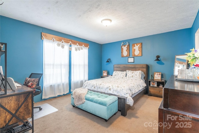 carpeted bedroom with a textured ceiling