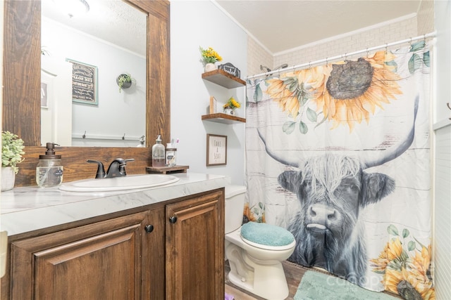 bathroom with ornamental molding, vanity, toilet, and a shower with curtain