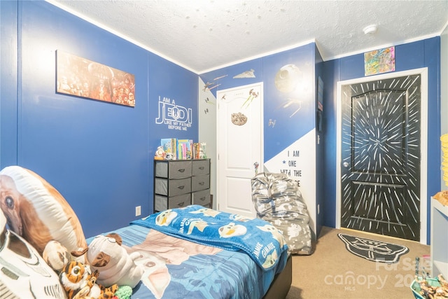 carpeted bedroom featuring a textured ceiling