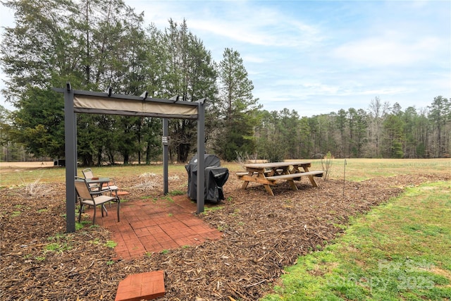 view of yard featuring a patio and a view of trees