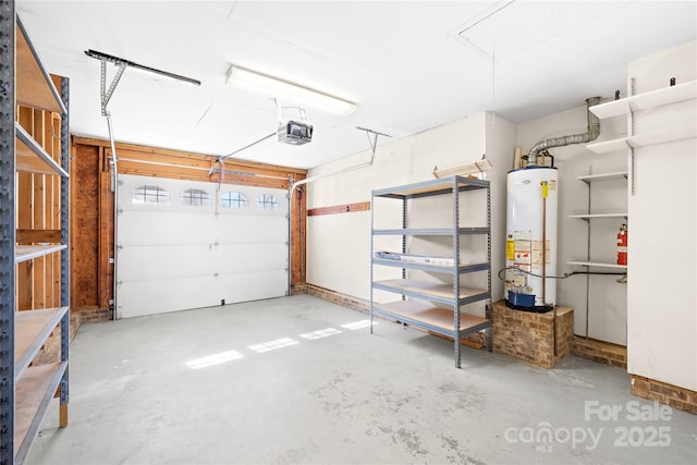 garage with gas water heater and a garage door opener