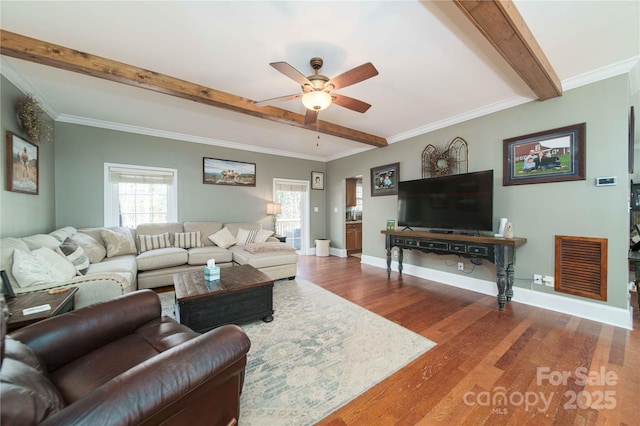 living room with ornamental molding, beamed ceiling, wood finished floors, and visible vents