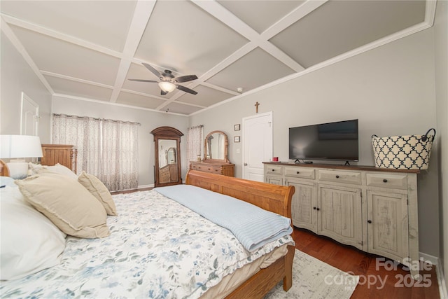 bedroom with ceiling fan, baseboards, coffered ceiling, and dark wood-type flooring