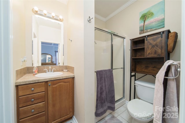 full bathroom with toilet, tile patterned flooring, crown molding, vanity, and a shower stall