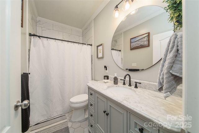 full bath with crown molding, a shower with shower curtain, toilet, vanity, and tile patterned flooring