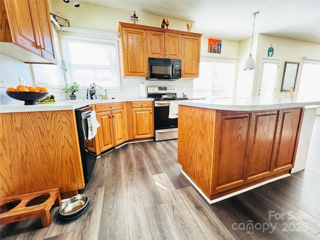 kitchen with plenty of natural light, black microwave, dishwasher, and electric range