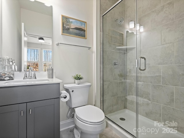bathroom featuring a shower stall, vanity, and toilet