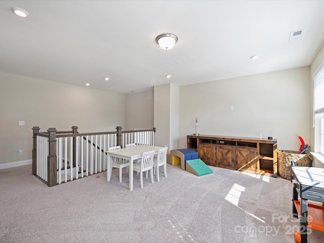 game room with carpet flooring, recessed lighting, visible vents, and baseboards