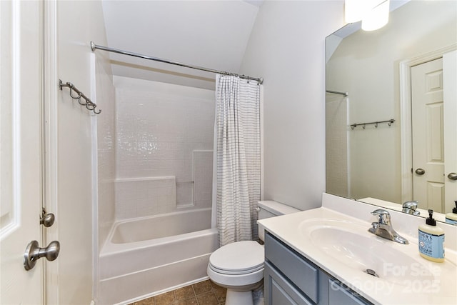 bathroom featuring shower / bathtub combination with curtain, toilet, vanity, and tile patterned flooring