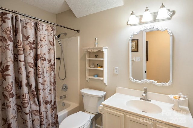 full bathroom with toilet, a textured ceiling, vanity, and shower / bathtub combination with curtain