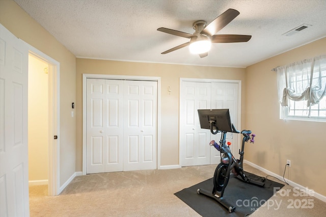 workout area featuring visible vents, baseboards, a textured ceiling, and carpet flooring