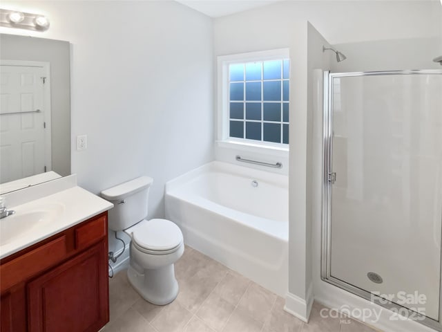 full bathroom with a stall shower, a garden tub, vanity, and toilet