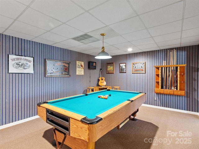 recreation room with visible vents, pool table, baseboards, carpet flooring, and a paneled ceiling