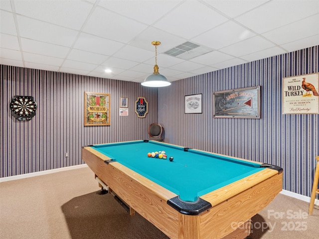 rec room with pool table, baseboards, visible vents, and carpet floors